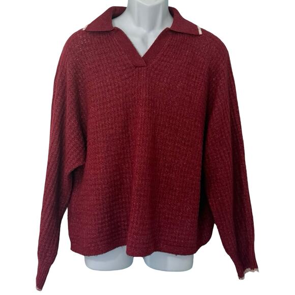 Joseph A Other - Joseph A Maroon Red White Trim Johnny Collared Knit Shirt Light Sweater Size L